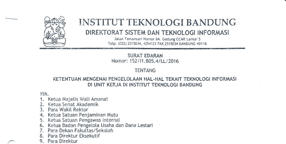 Ketentuan Mengenai Pengelolaan Hal-hal Terkait Teknologi Informasi  Di Unit Kerja Di Institut Teknologi Bandung